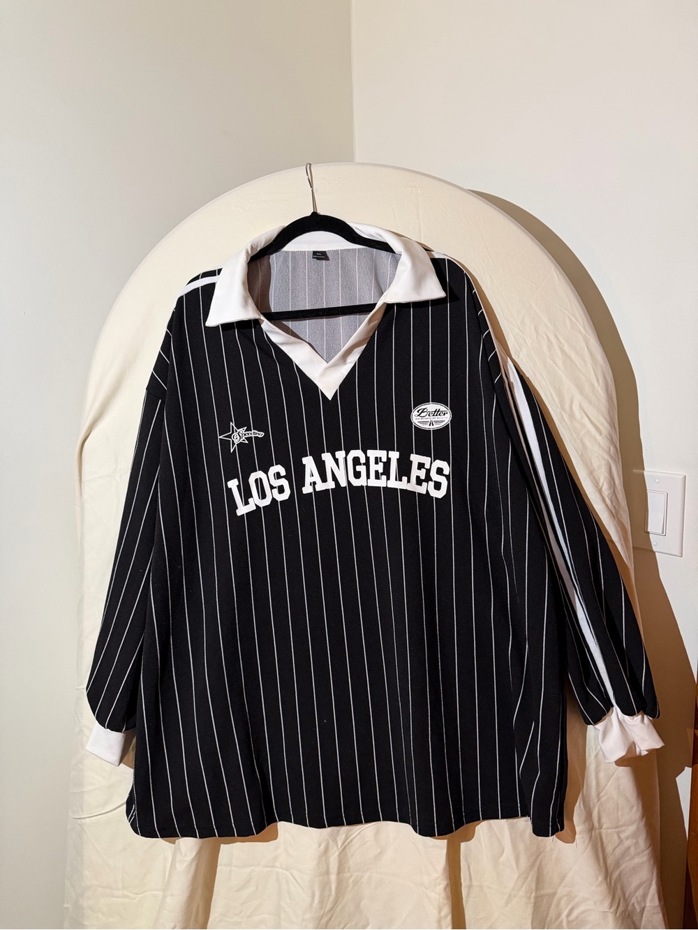 SHEIN Black Pinstripe 'LOS ANGELES' Rugby Shirt with White Collar